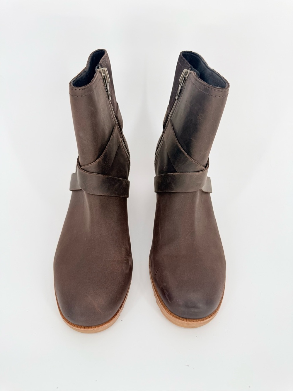 SOREL Cate Buckle Brown Leather Ankle Boots Gorpcore Rustic Moto Granola 8.5 - Picture 4 of 14